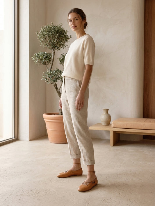Model wearing light brown orthopedic flat shoes