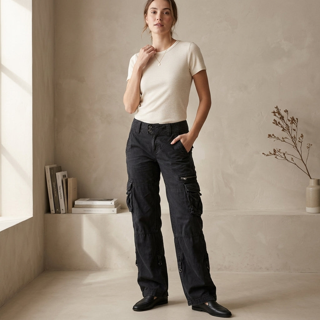 Model wearing black cargo pants