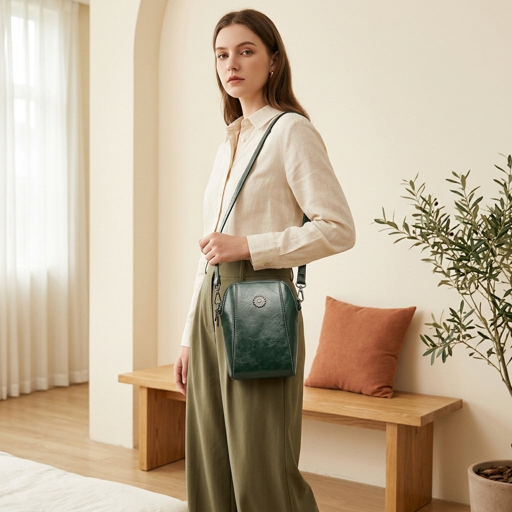 Model with green Cilicia handbag