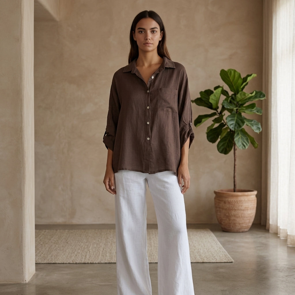 Model wearing brown linen blouse