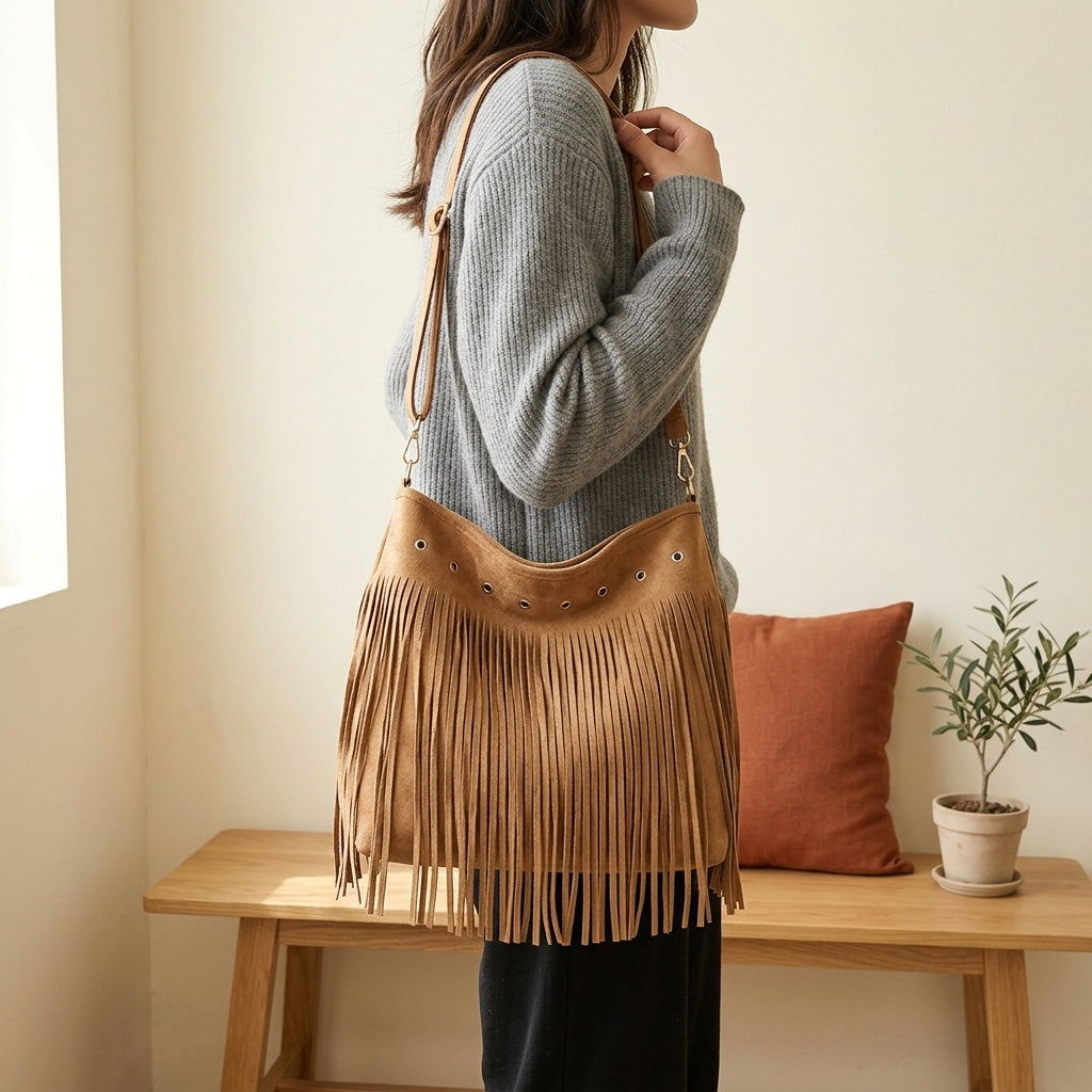 Model wearing light brown faux suede fringe shoulder bag