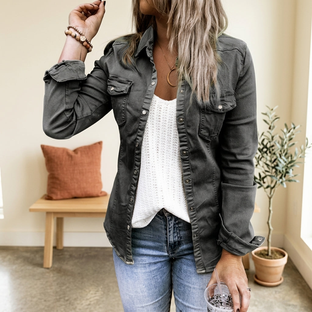 Luna Denim Jacket - Gray, styled lifestyle photo