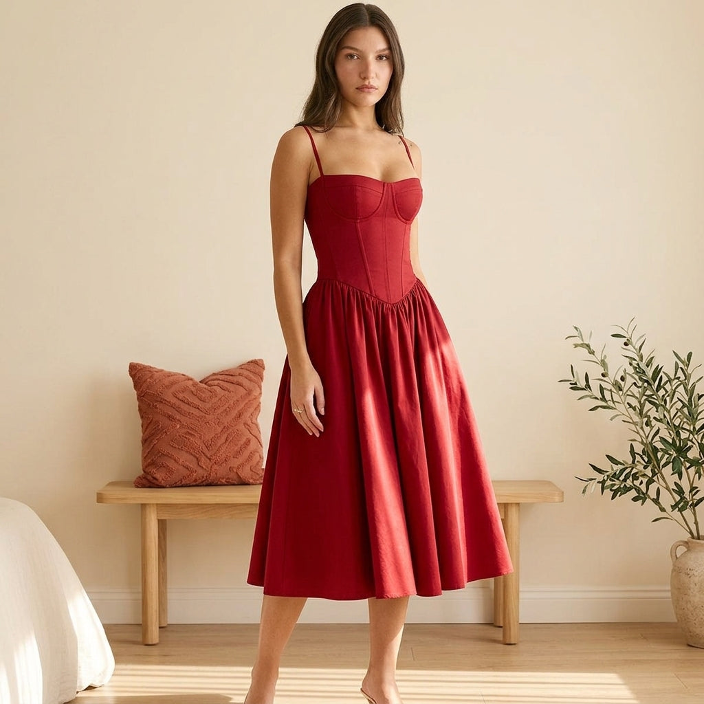 Model wearing red corset midi dress