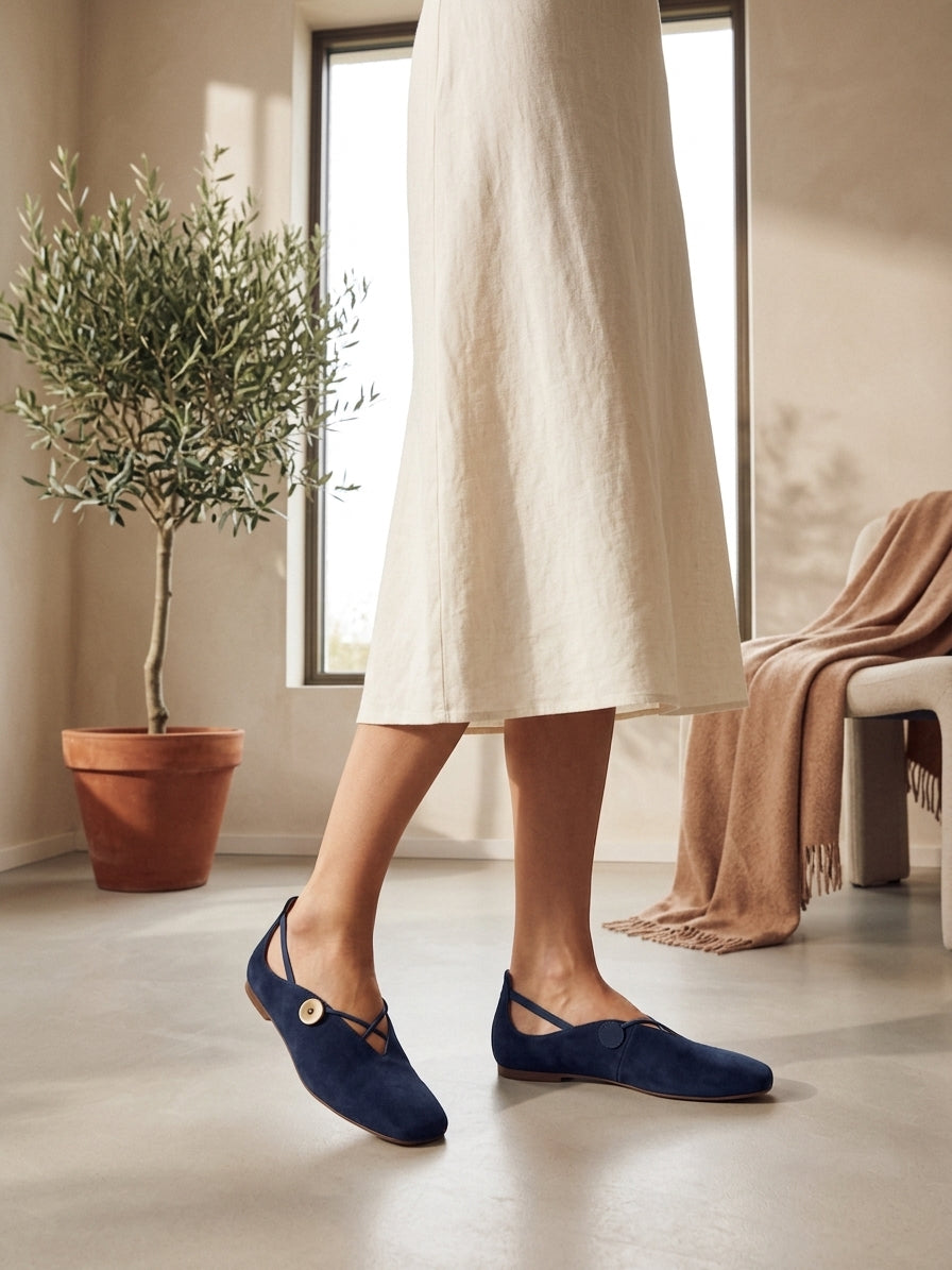 Model wearing navy blue orthopedic flat shoes
