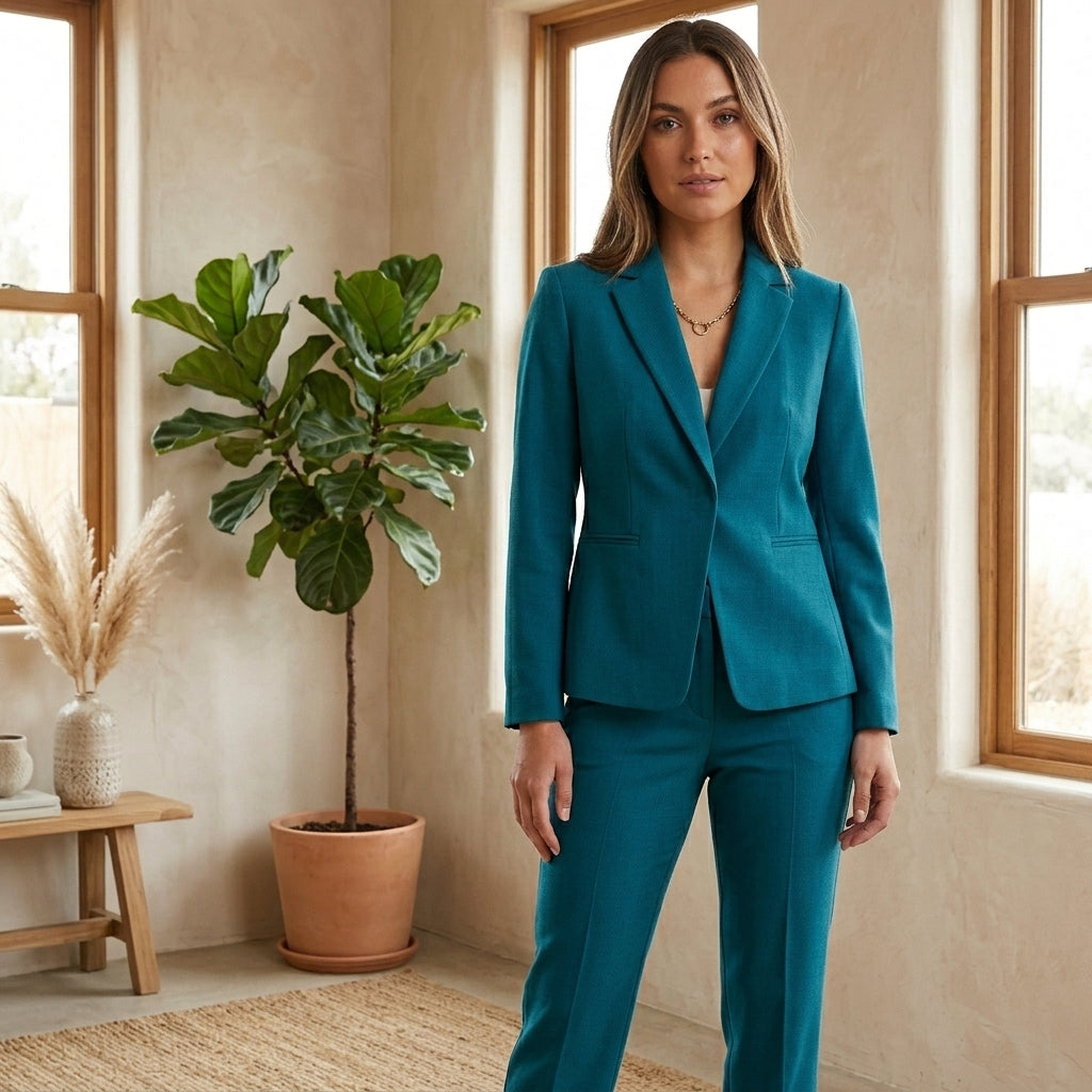 Model wearing dark turquoise blazer set