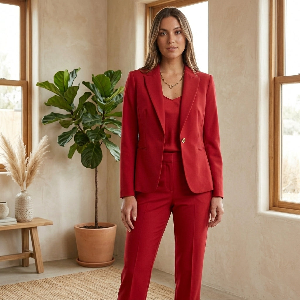 Model wearing red blazer set