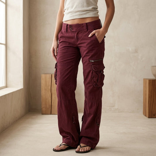 Model wearing burgundy cargo pants