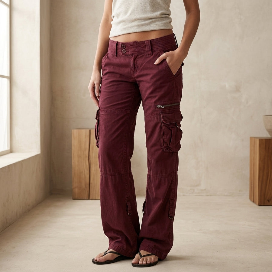 Model wearing burgundy cargo pants