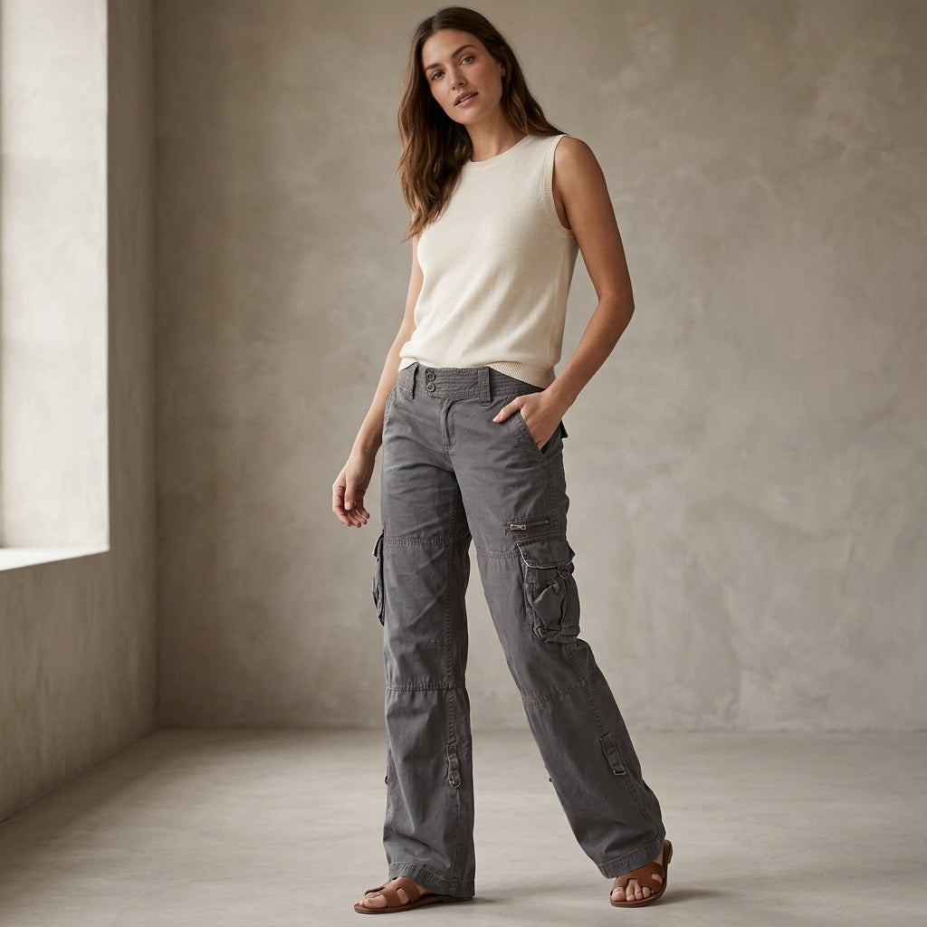 Model wearing grey cargo pants