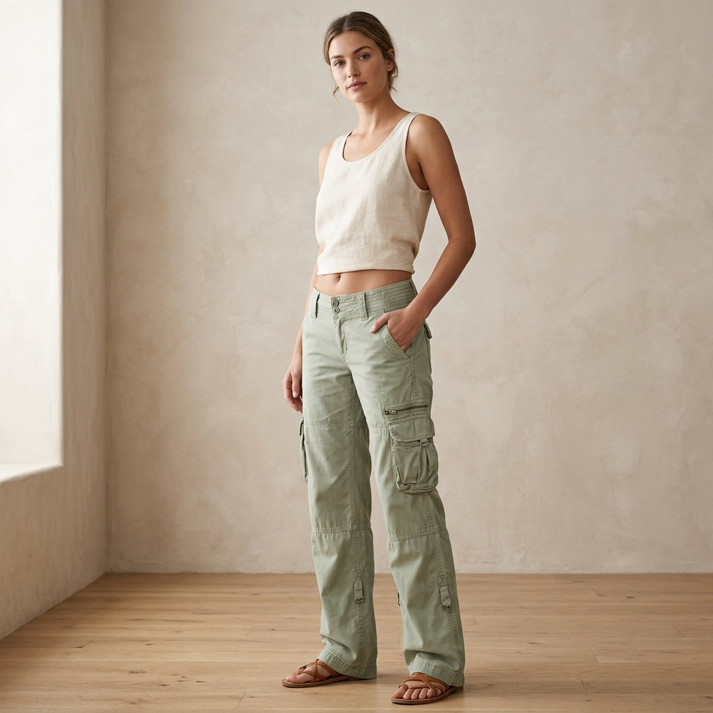 Model wearing light green cargo pants
