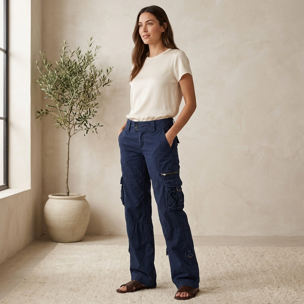 Model wearing navy blue cargo pants