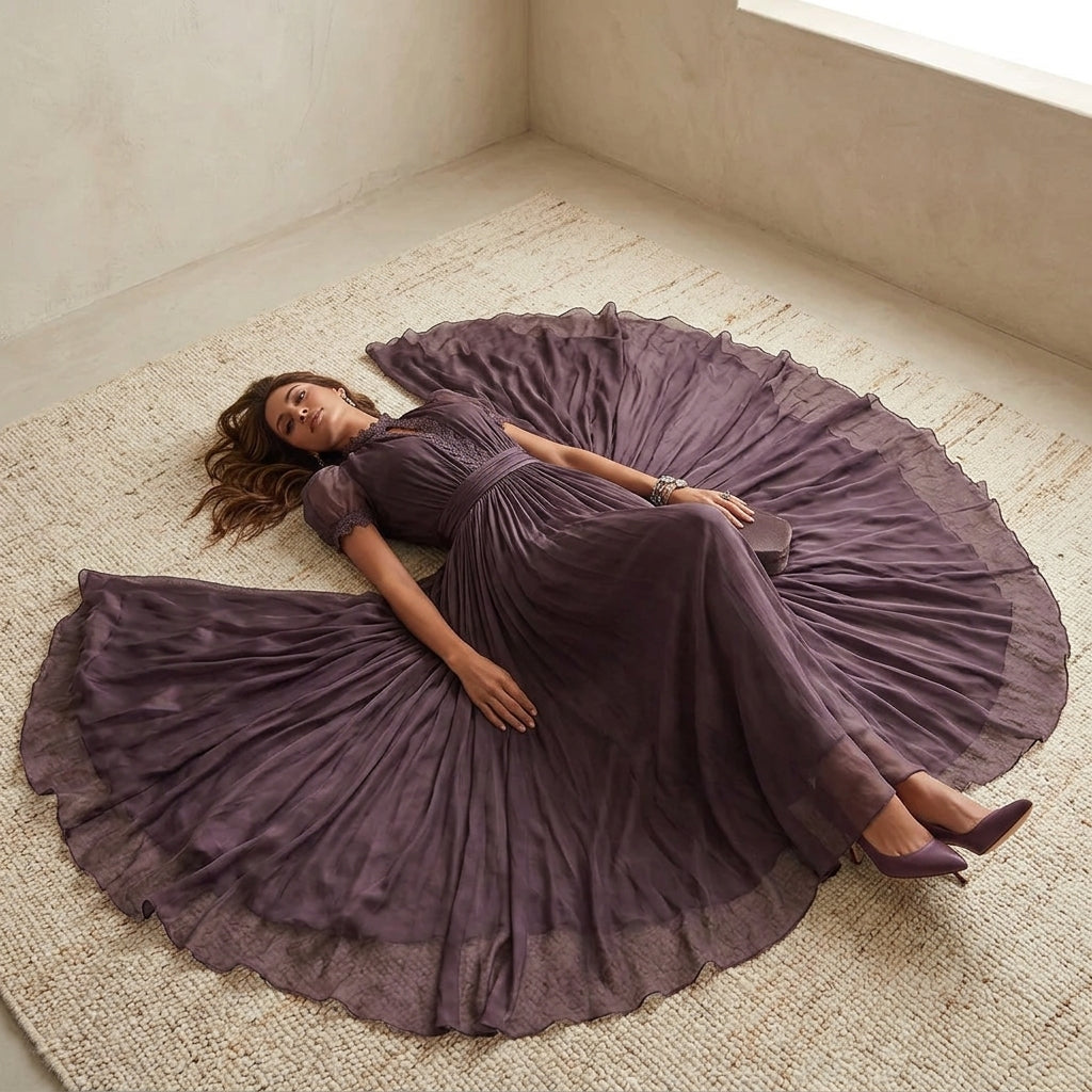 Model lying down in purple chiffon lace maxi dress with skirt fanned out