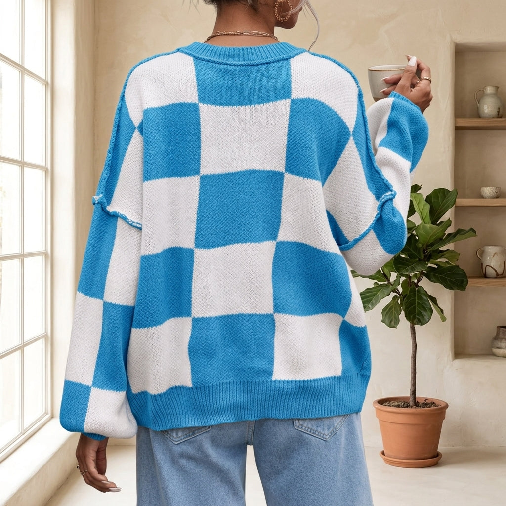 Model wearing azure checkerboard sweater