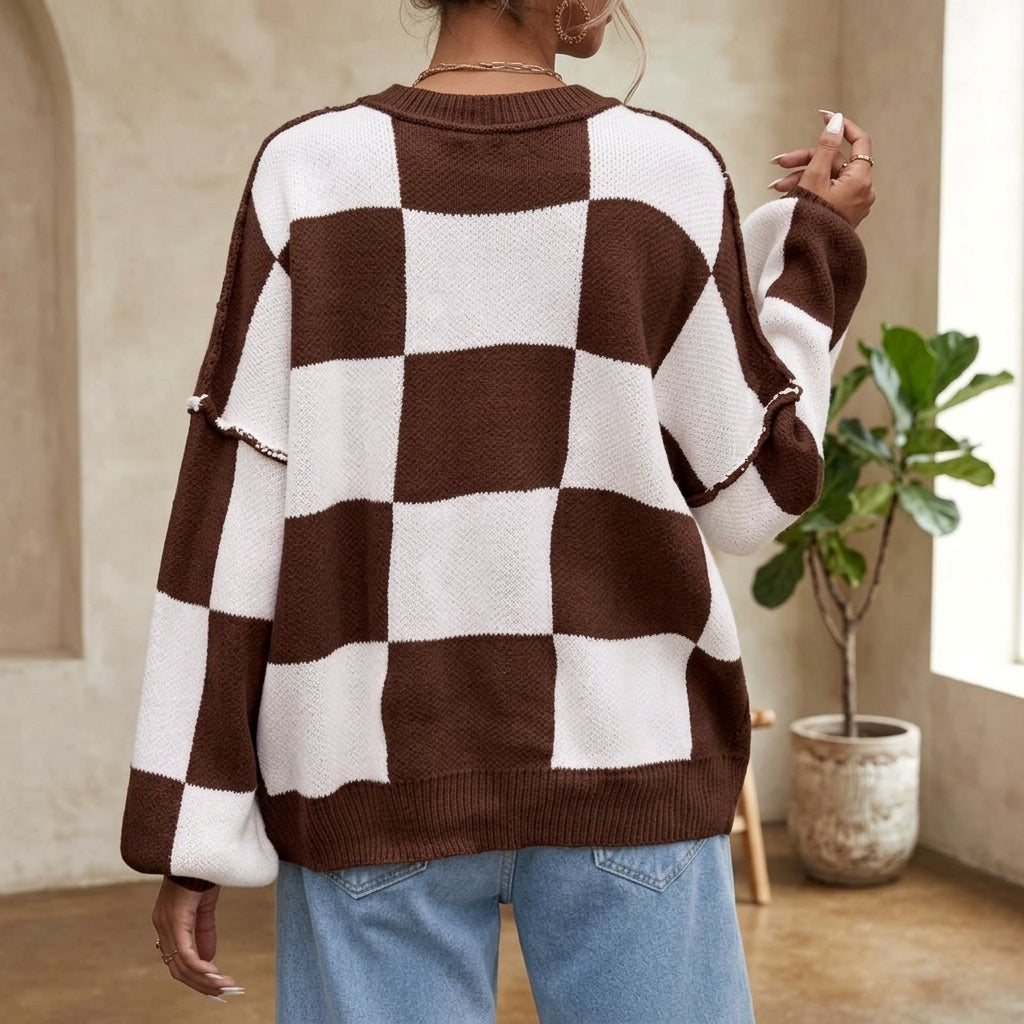 Model wearing brown checkerboard sweater