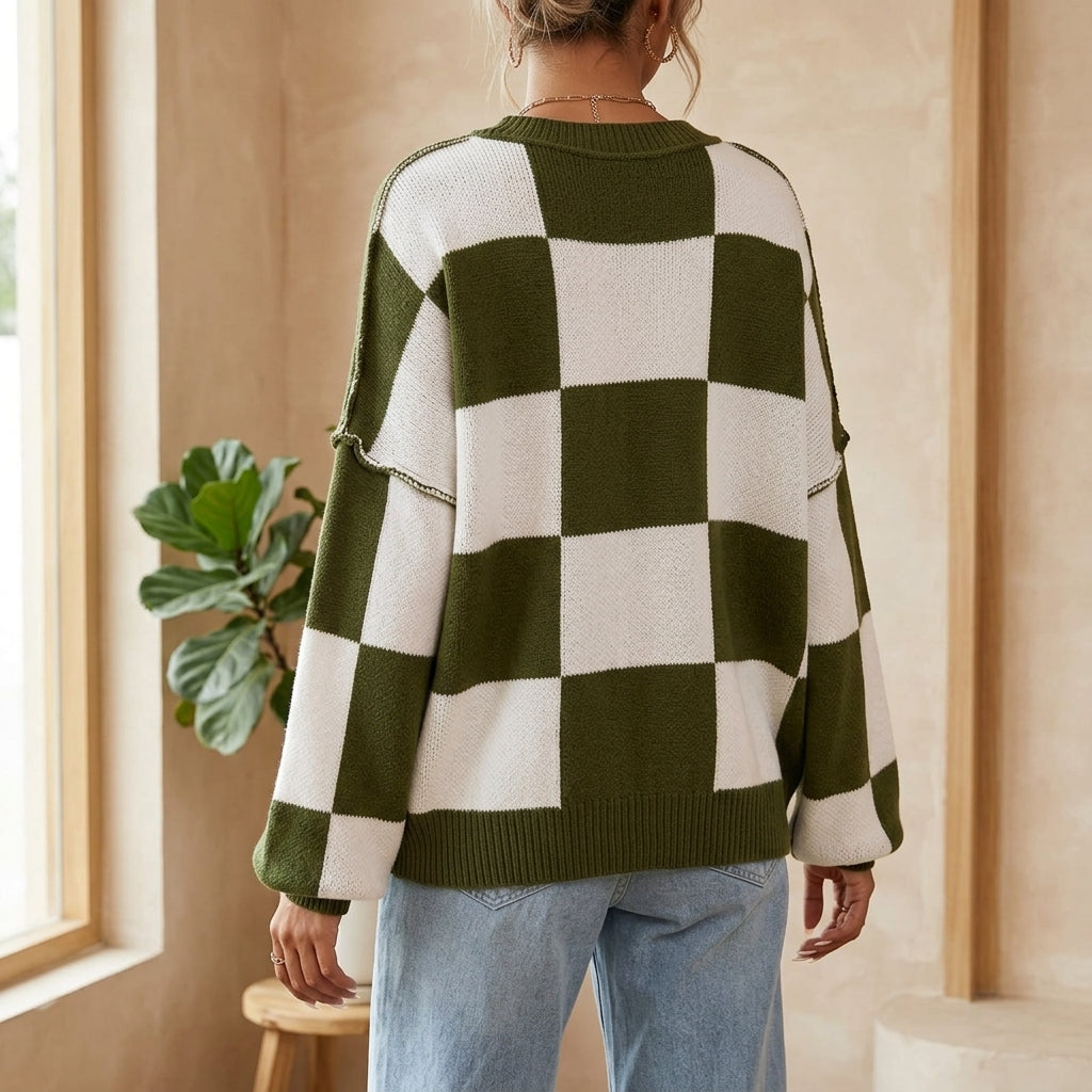 Model wearing green checkerboard sweater