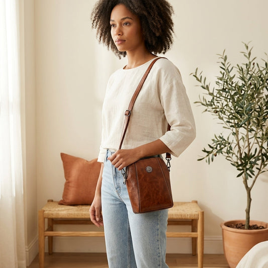 Model with brown Cilicia handbag