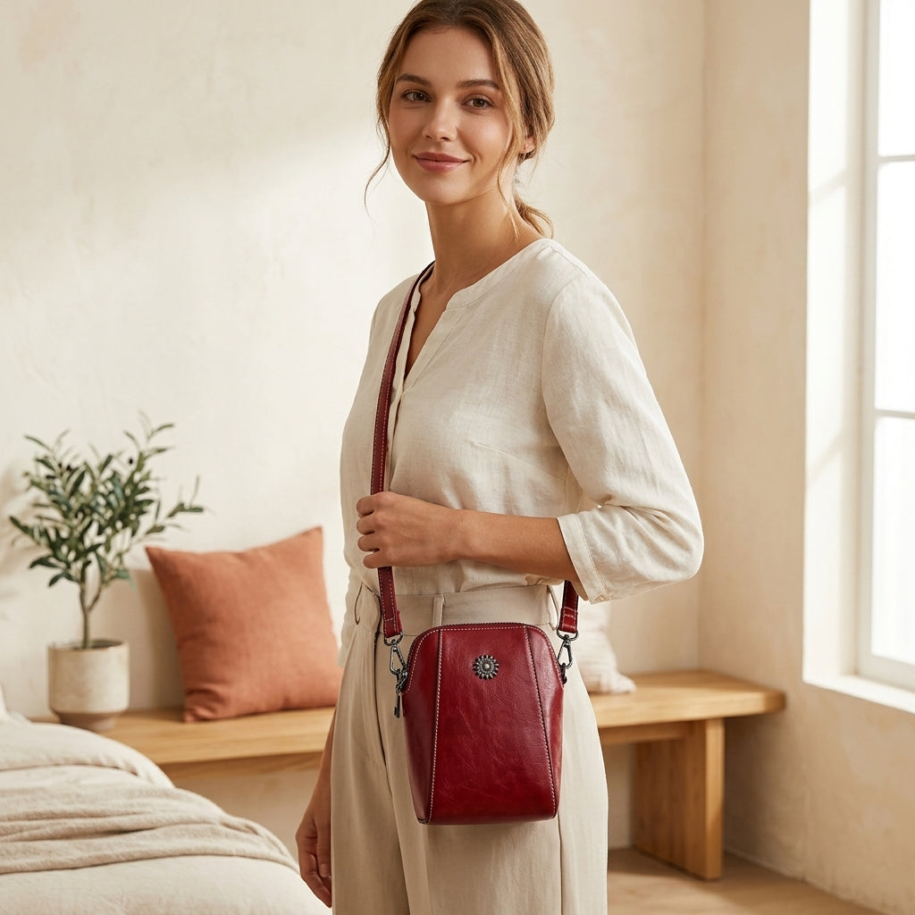 Model with red Cilicia handbag