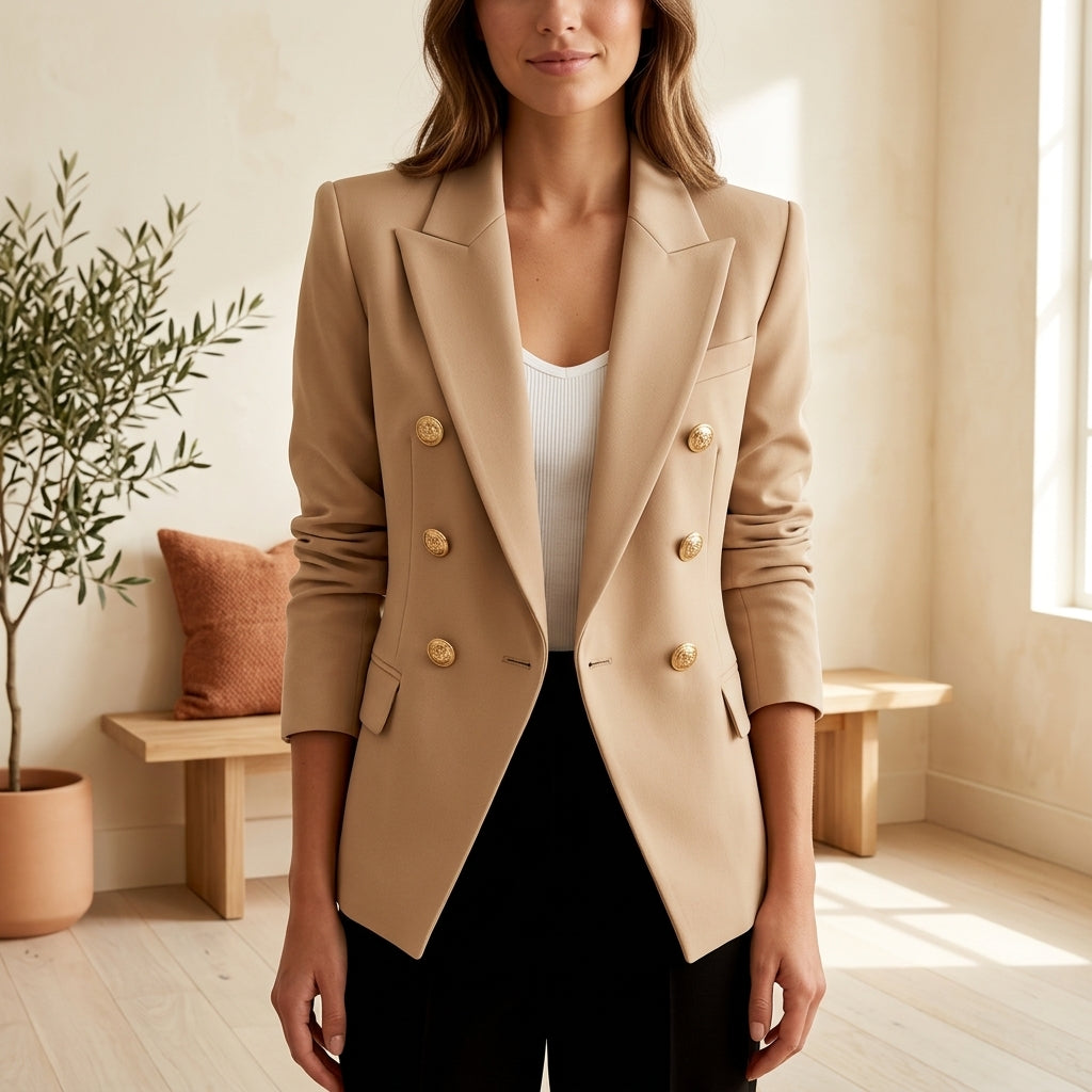 Timeless Elegance Double-Button Blazer - Beige, styled lifestyle photo