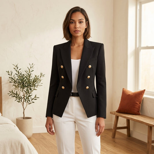 Timeless Elegance Double-Button Blazer - Black, styled lifestyle photo