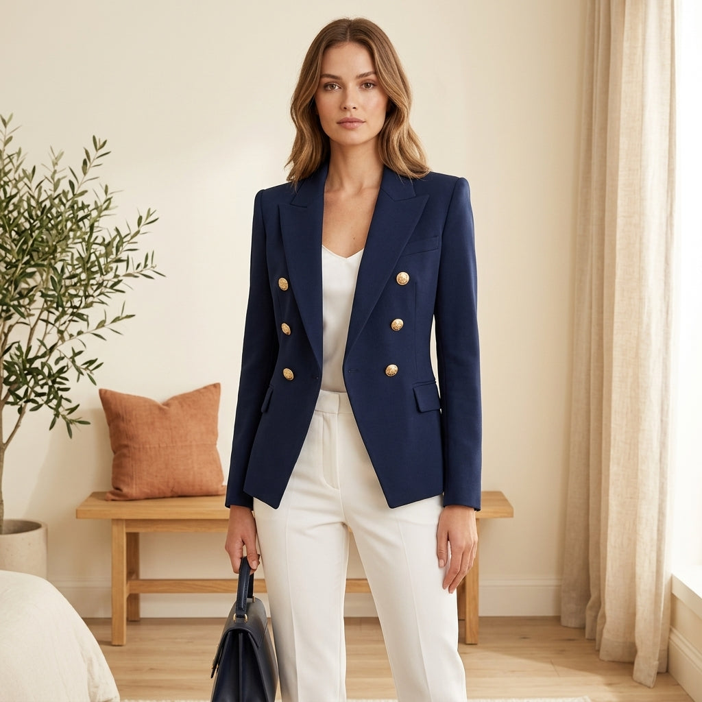 Timeless Elegance Double-Button Blazer - Blue, styled lifestyle photo