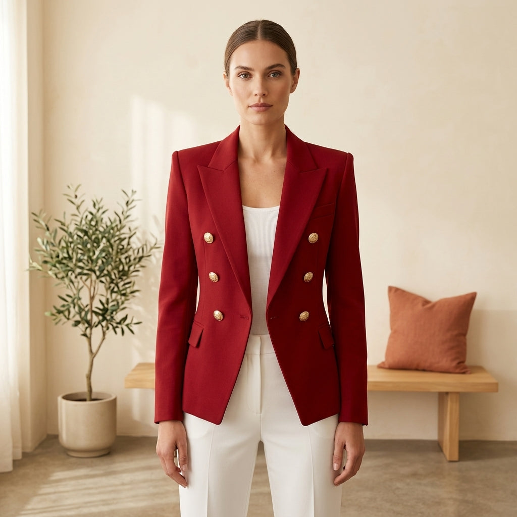 Timeless Elegance Double-Button Blazer - Red, styled lifestyle photo