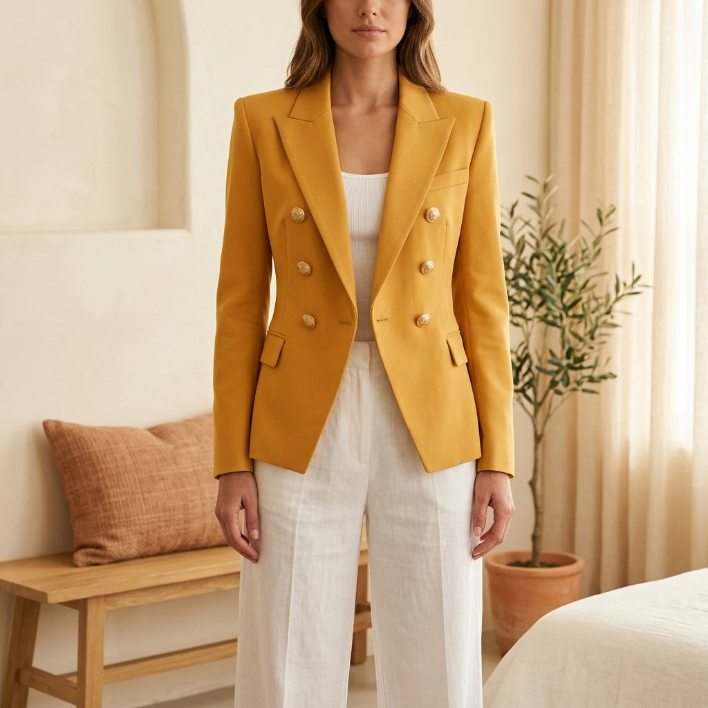 Timeless Elegance Double-Button Blazer - Yellow, styled lifestyle photo