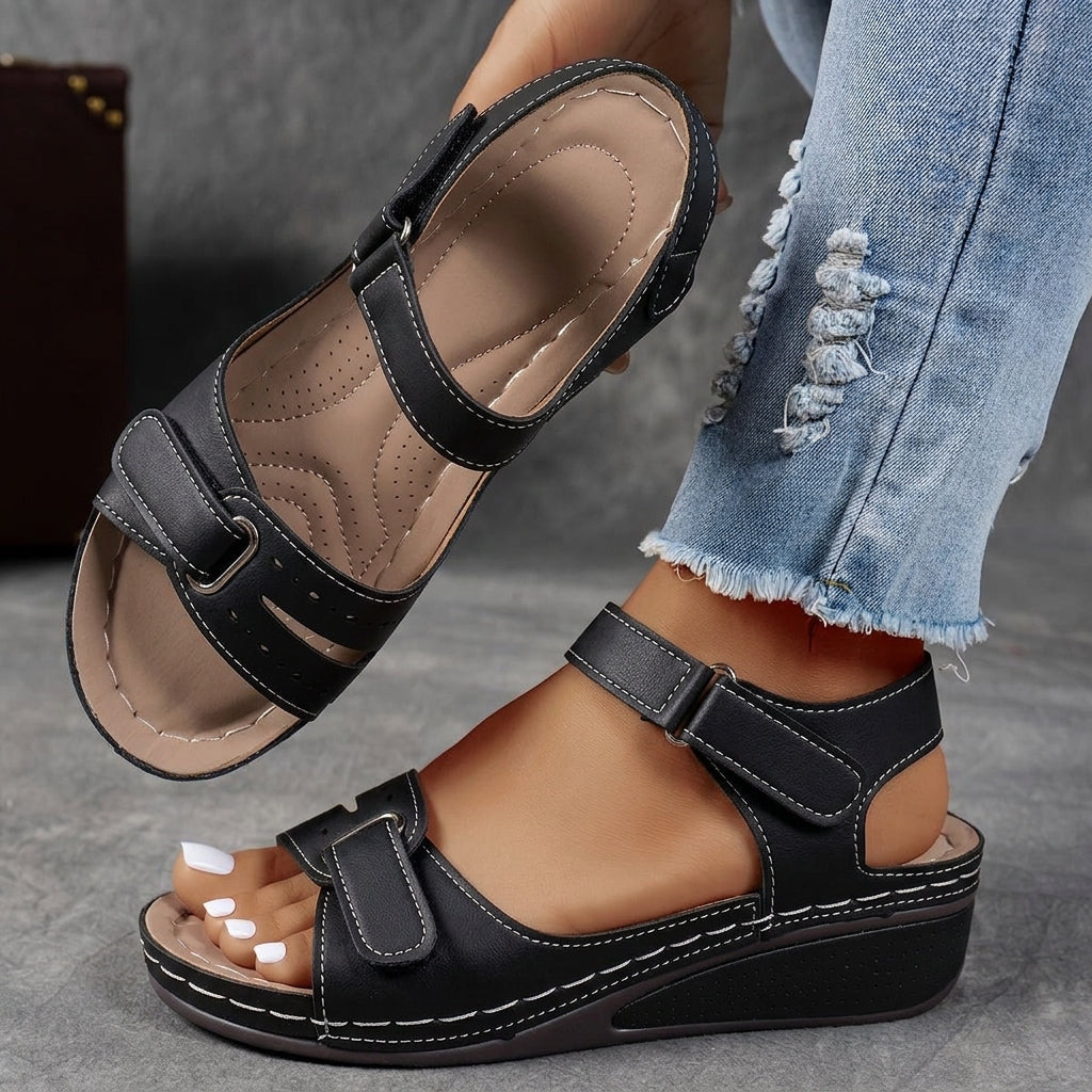 Black comfort wedge sandal with adjustable straps
