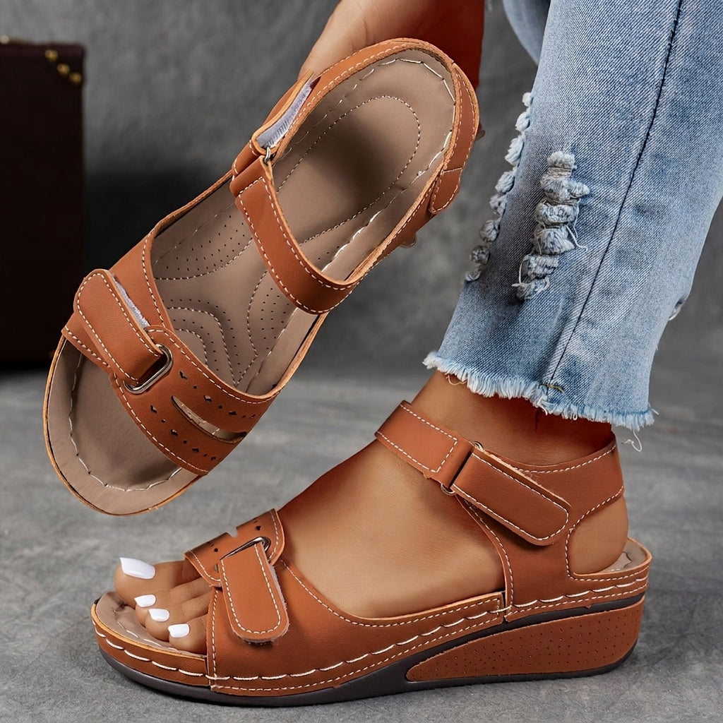 Brown comfort wedge sandal with adjustable straps
