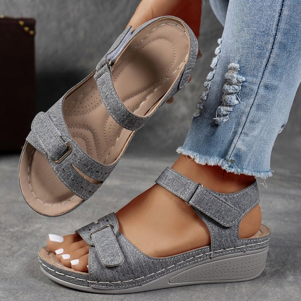 Grey comfort wedge sandal with adjustable straps