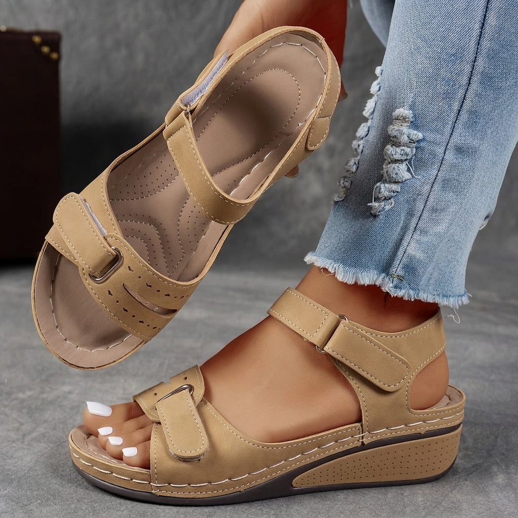 Khaki comfort wedge sandal with adjustable straps