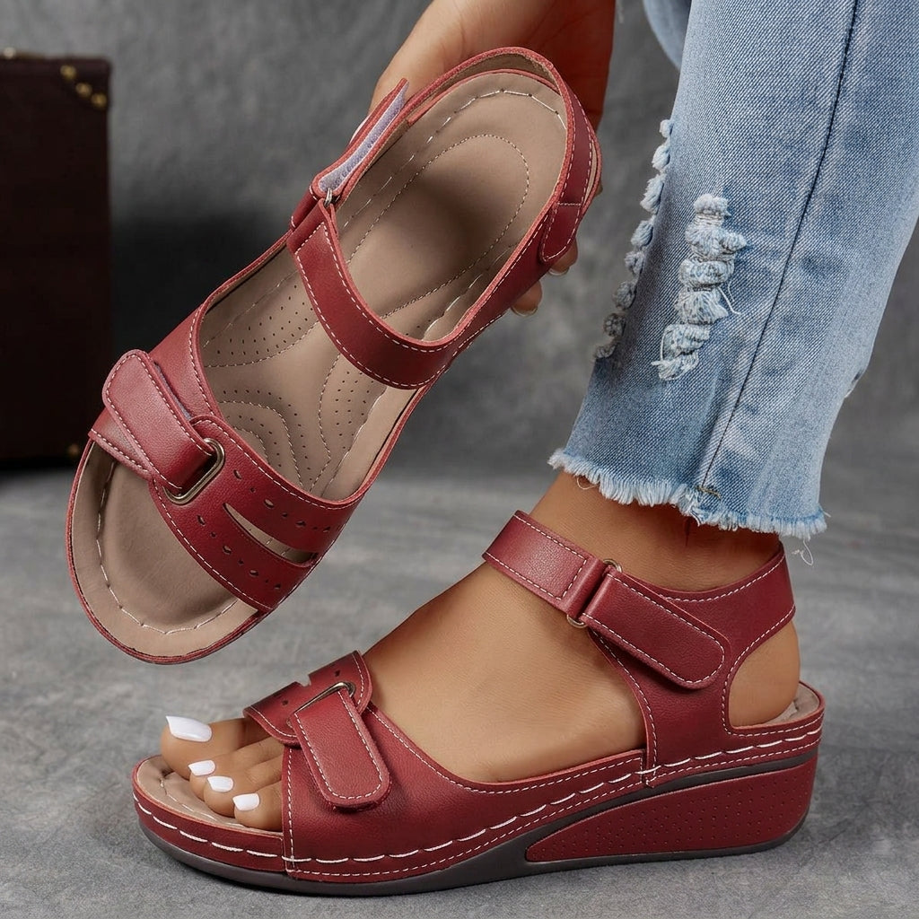Red comfort wedge sandal with adjustable straps