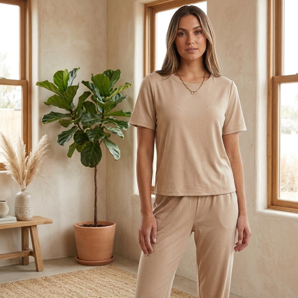 Model wearing beige coordinated lounge set