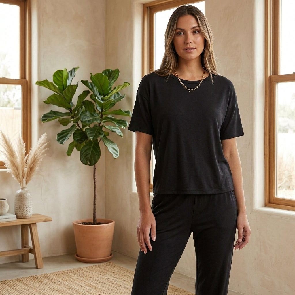 Model wearing black coordinated lounge set