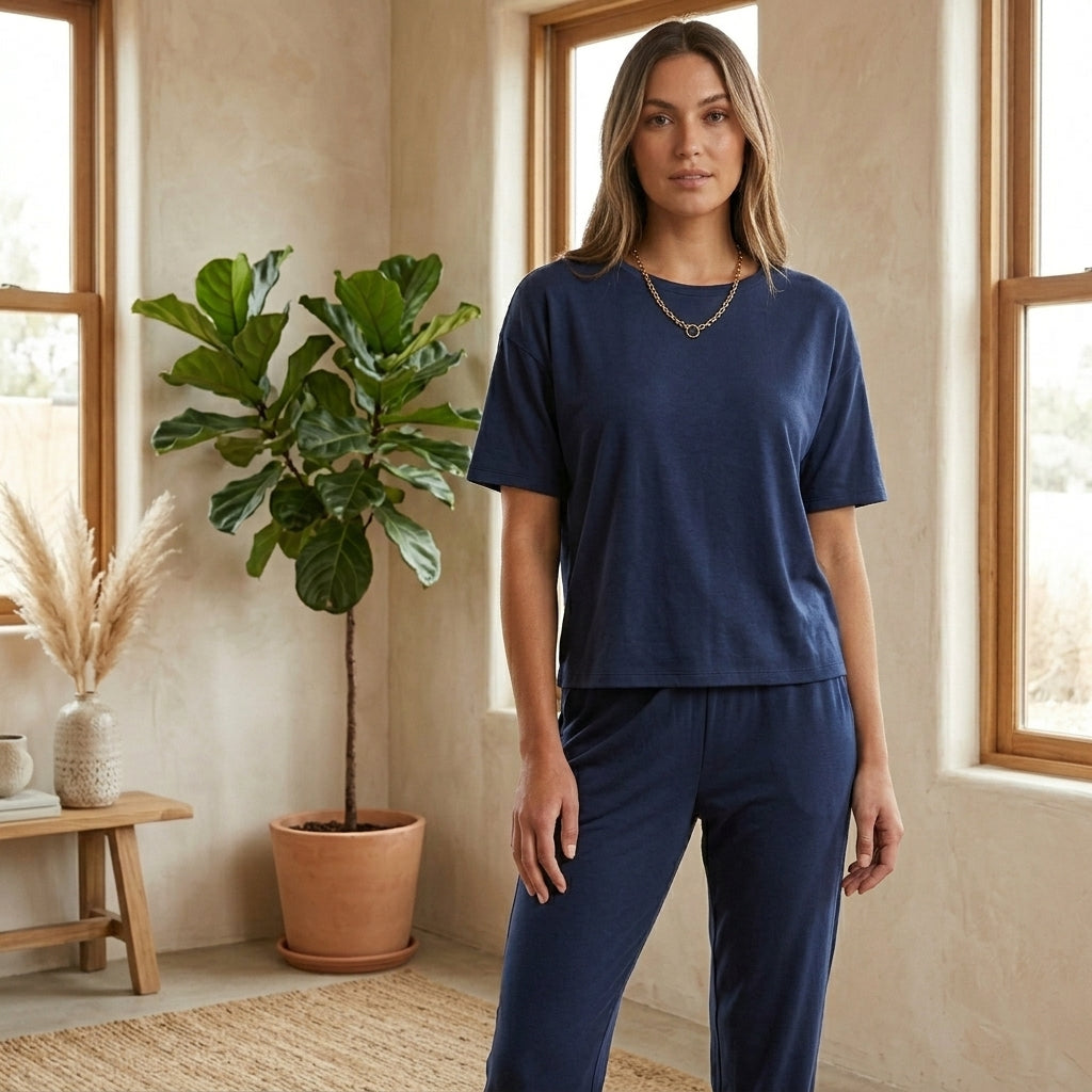 Model wearing dark blue coordinated lounge set