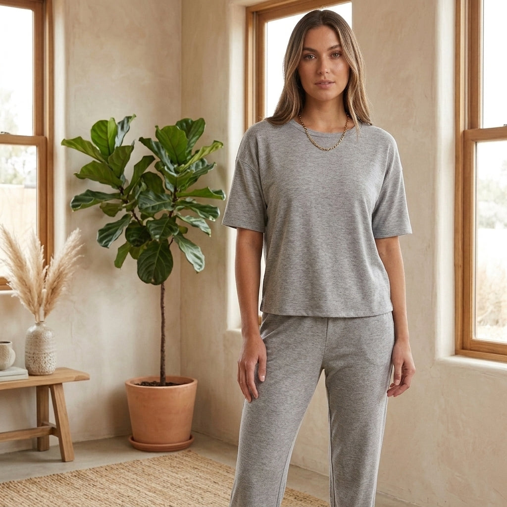 Model wearing gray coordinated lounge set