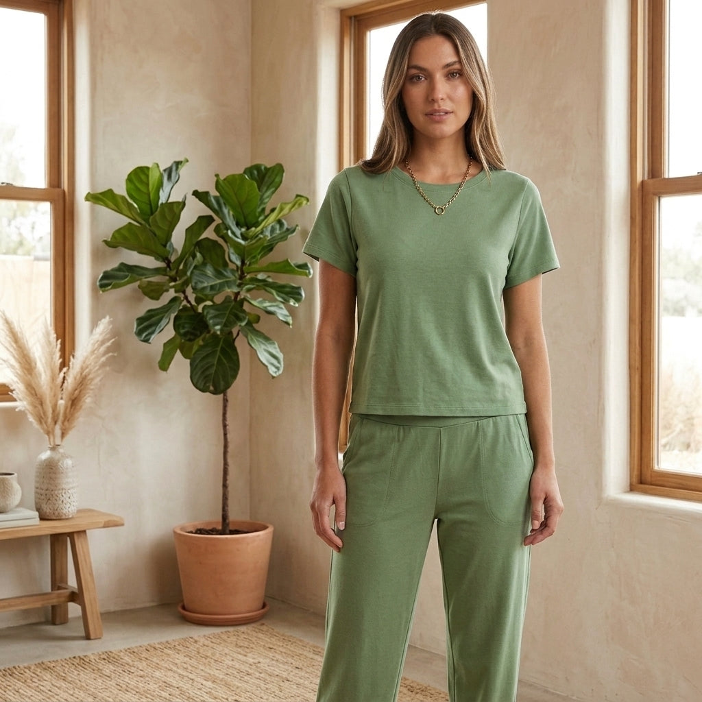 Model wearing green coordinated lounge set