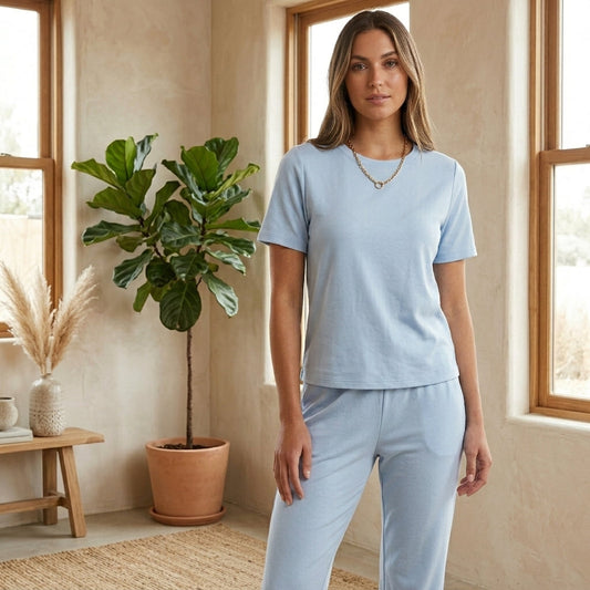 Model wearing light blue coordinated lounge set