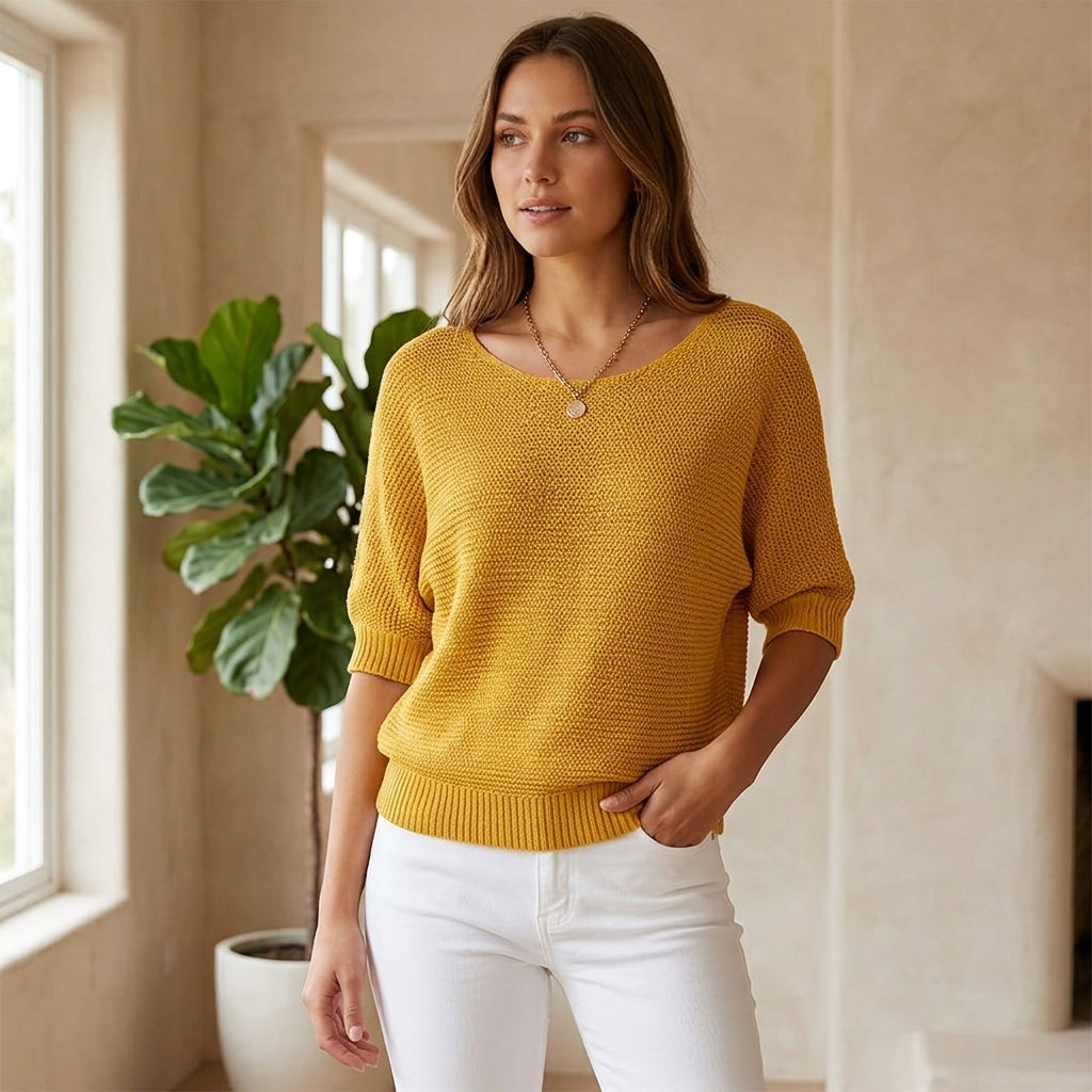 Model wearing yellow short-sleeve knit sweater