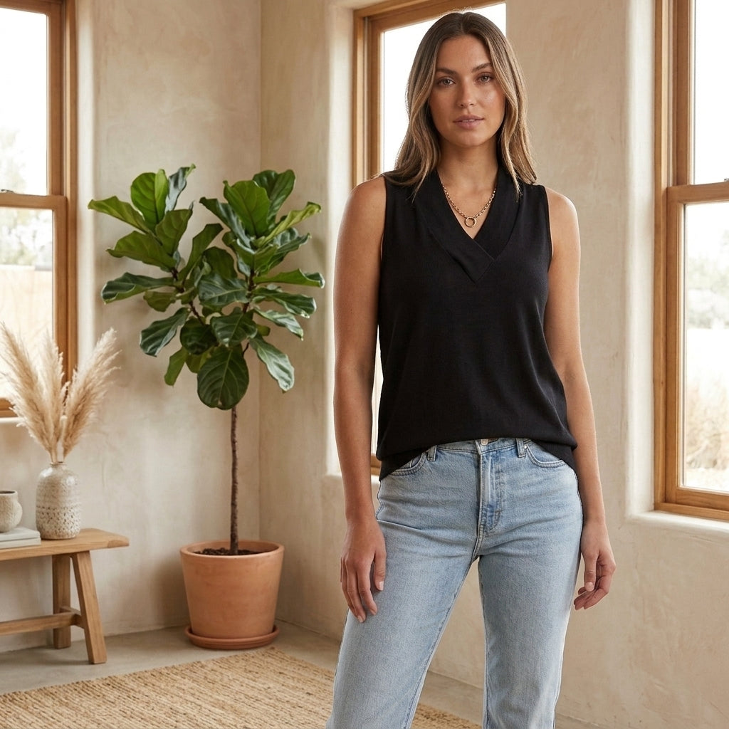 Model wearing black cross-over collar tank top