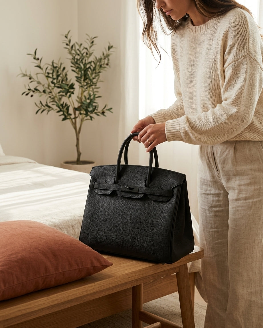 Model holding black structured handbag