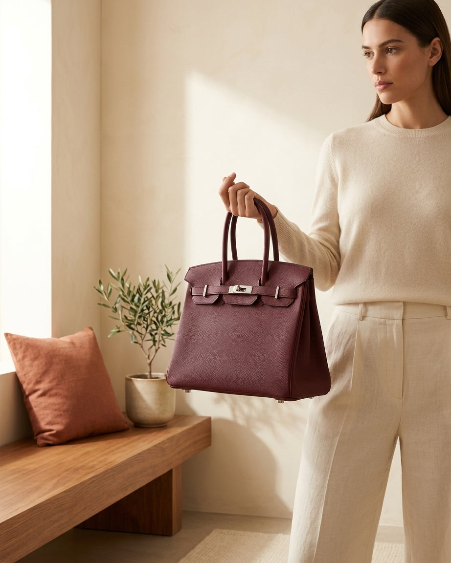 Model holding bordeaux structured handbag