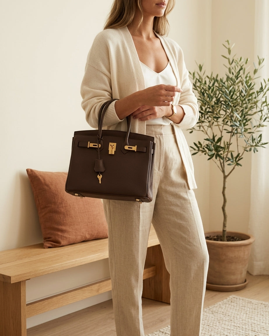 Model holding brown structured handbag