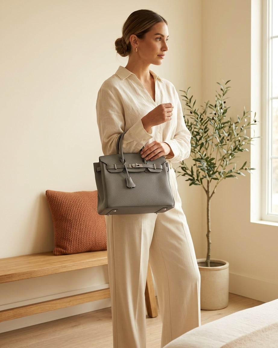 Model holding grey structured handbag