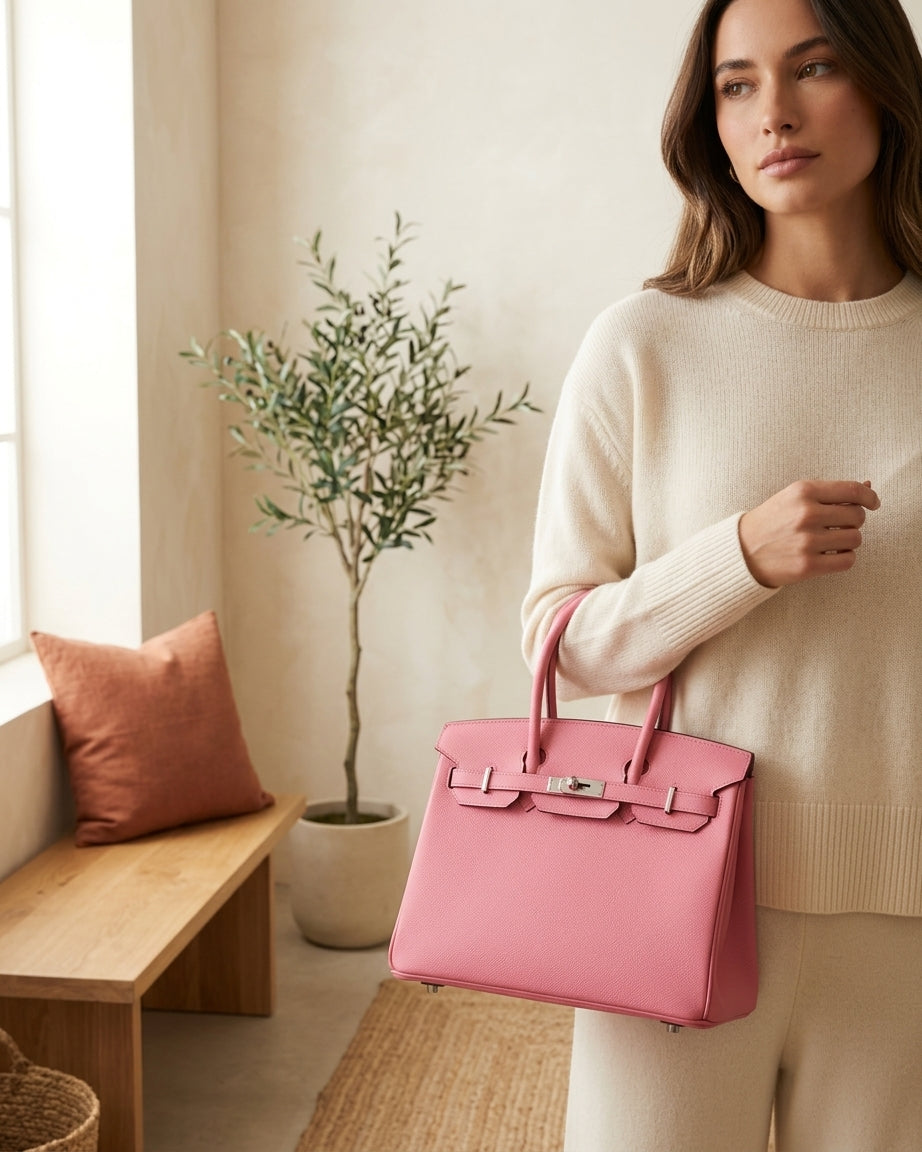 Model holding pink structured handbag