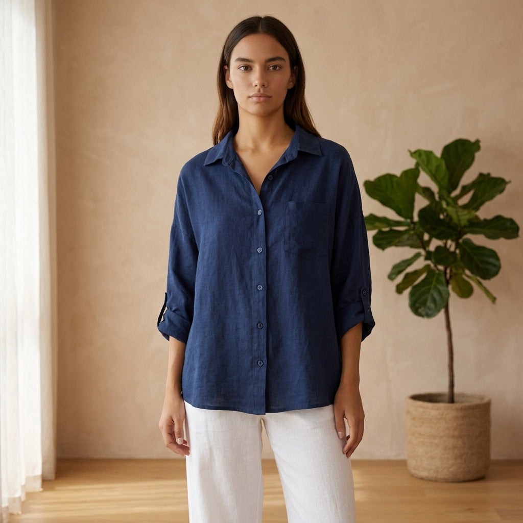 Model wearing navy blue linen blouse