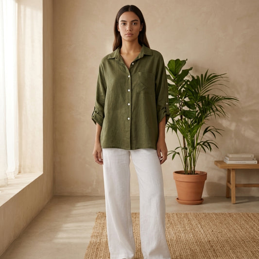 Model wearing olive green linen blouse