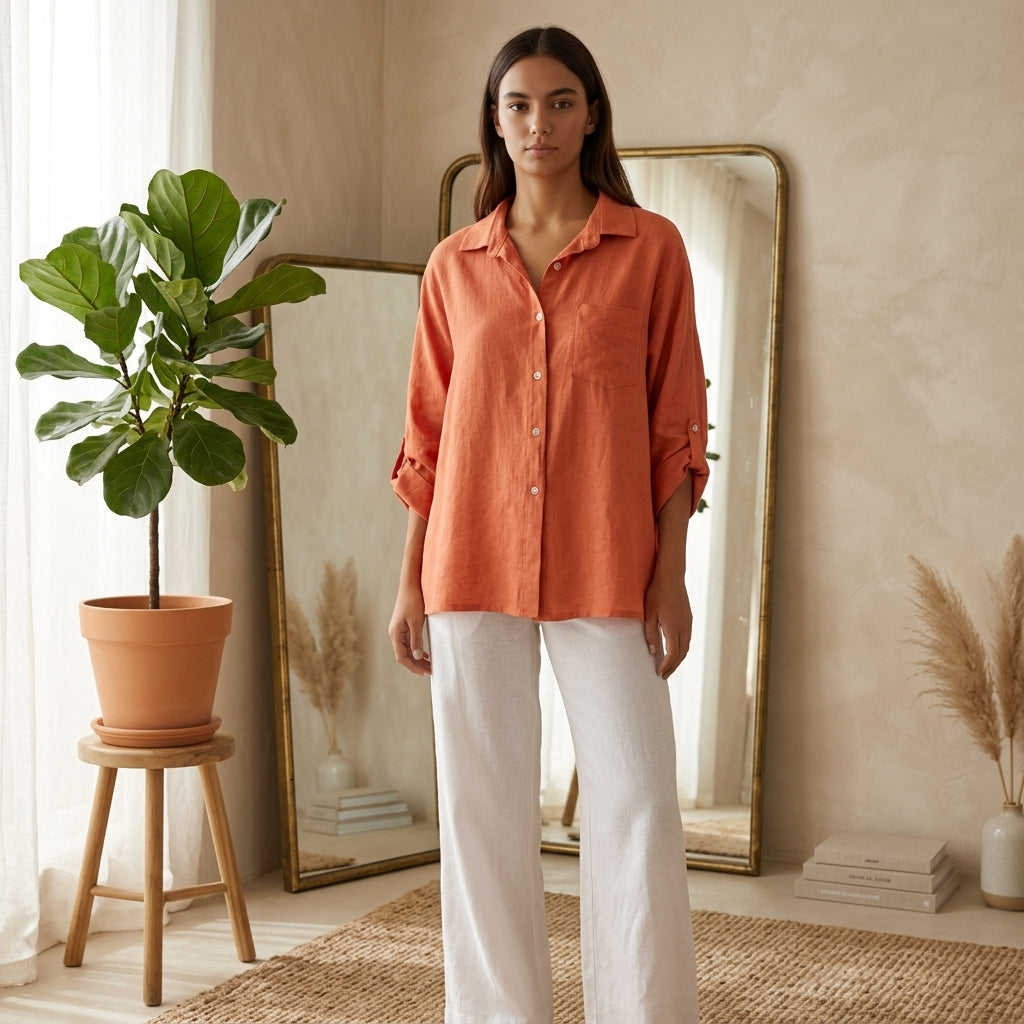 Model wearing orange linen blouse