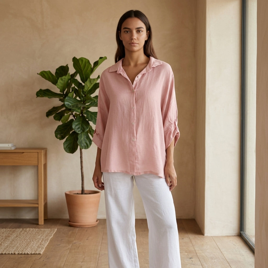 Model wearing pink linen blouse