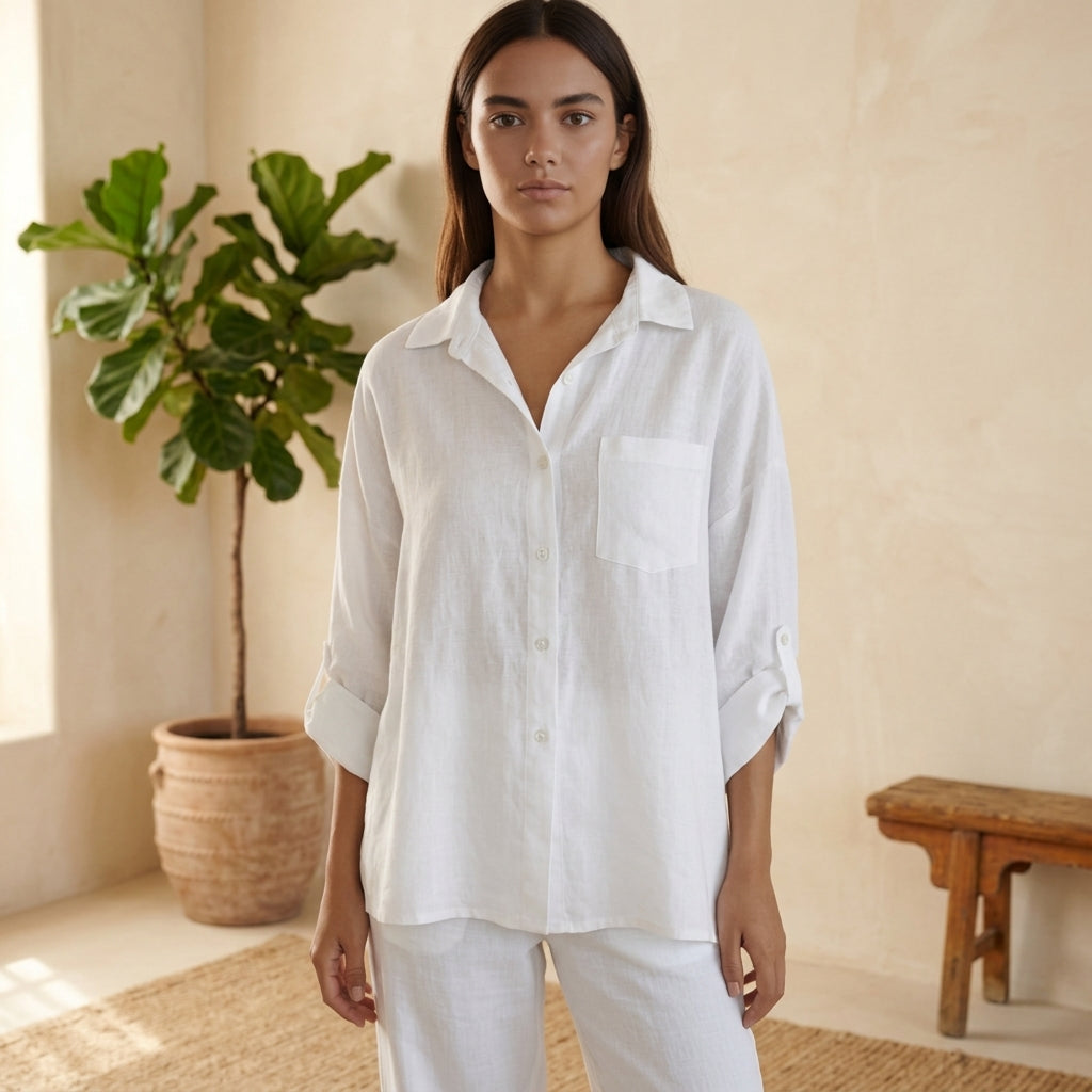 Model wearing white linen blouse