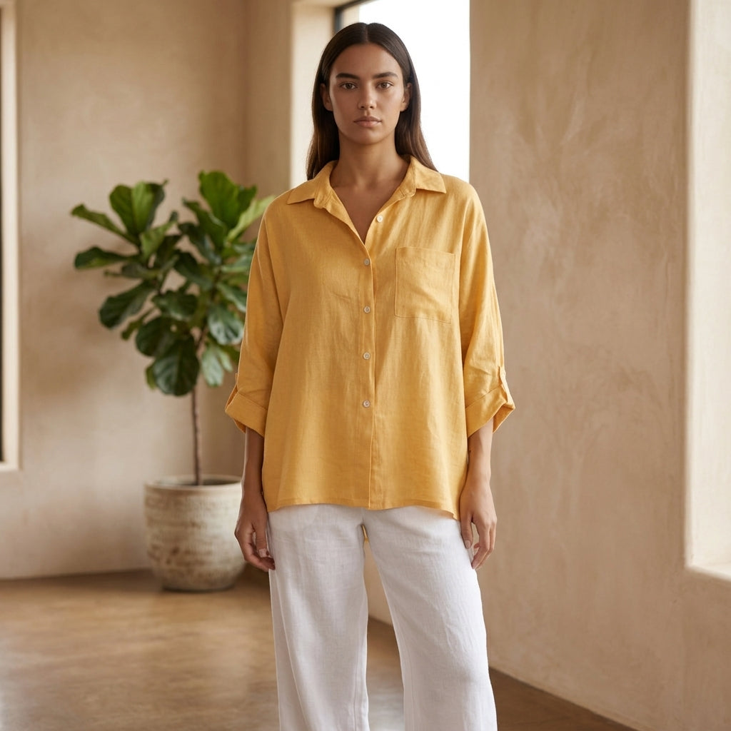 Model wearing yellow linen blouse